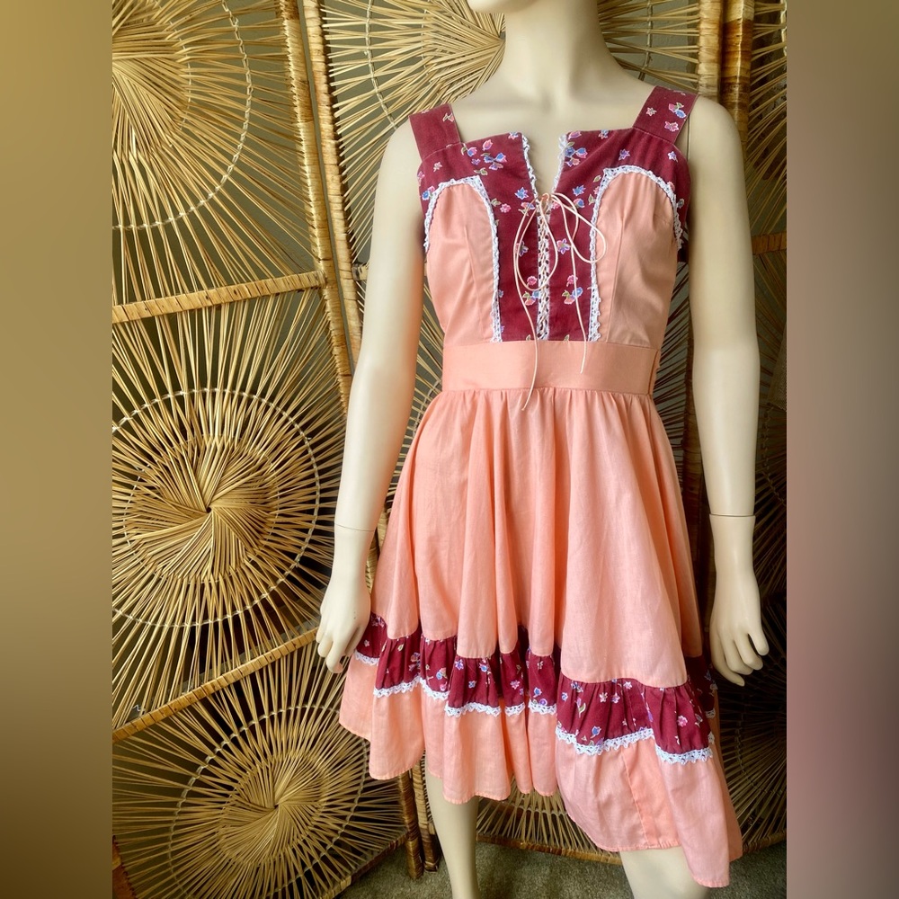 Vintage 60s 70s Peach Peasant Prairie Lace Up Dress Hippie Boho VTG